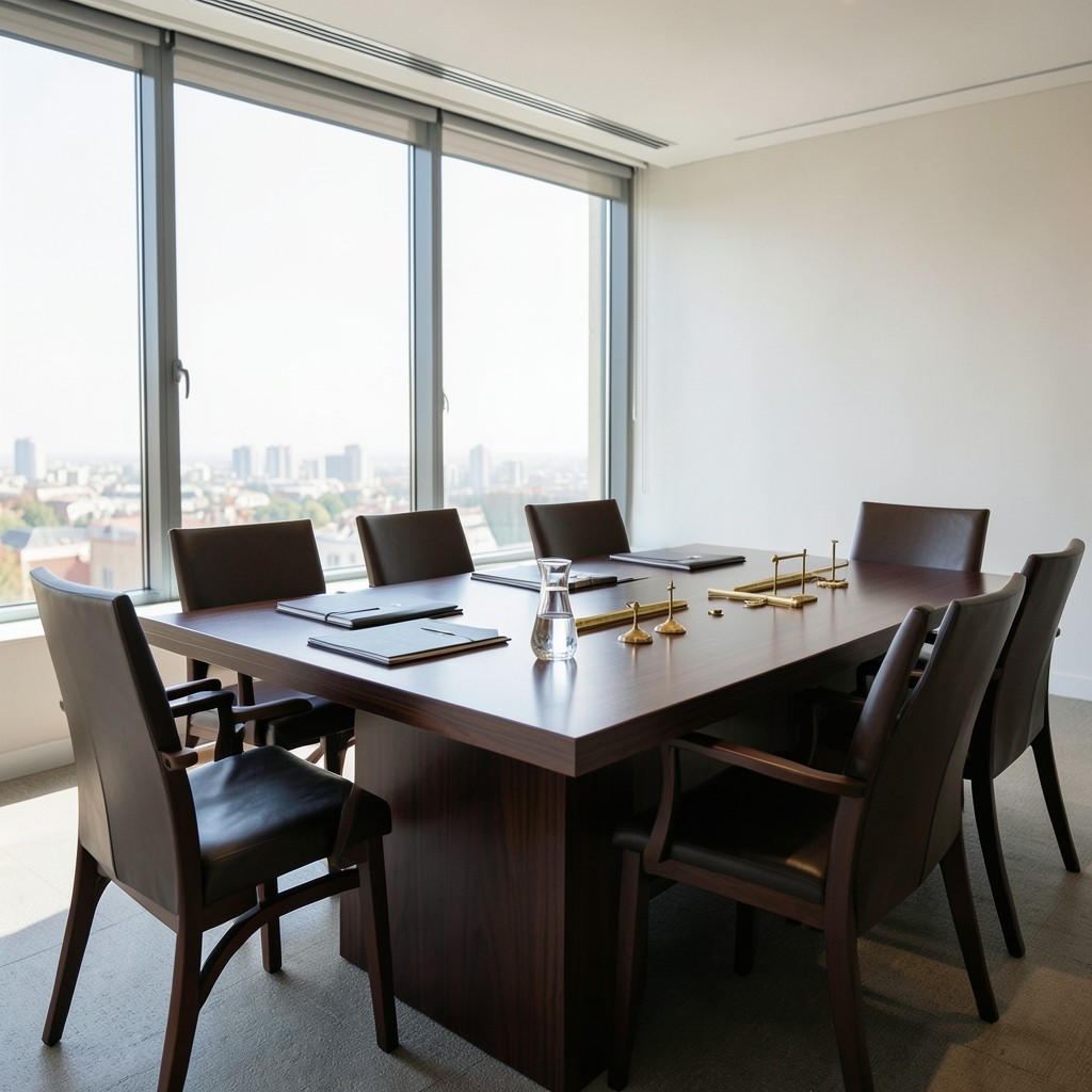 Salle de réunion avec documents CSE et instruments de mesure en laiton sur la table