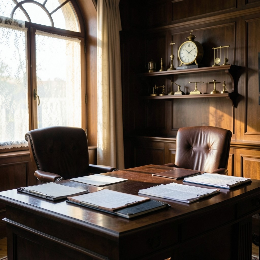 Bureau de consultation juridique avec documents sociaux et horloge de précision en laiton